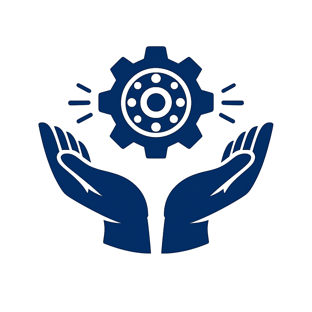 Two dark blue hands holding a blue gear with white bearing details