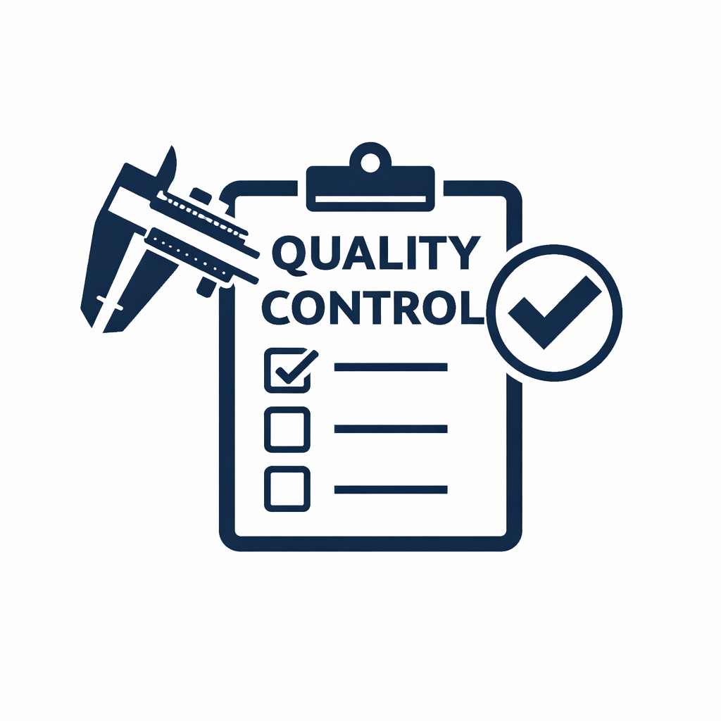 Quality control checklist marked pass with caliper, magnifying glass, micrometer, and pen