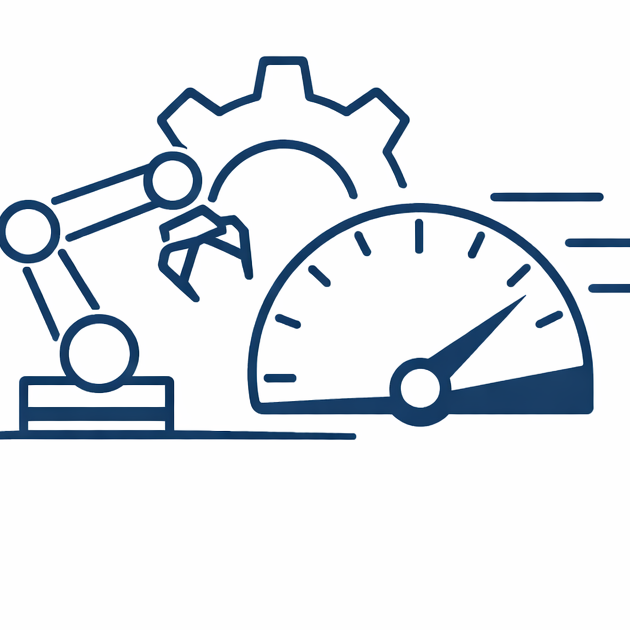 Automated Manufacturing Speed Optimization Robotic arm, gear, and speedometer with text Flexible Manufacturing Speed