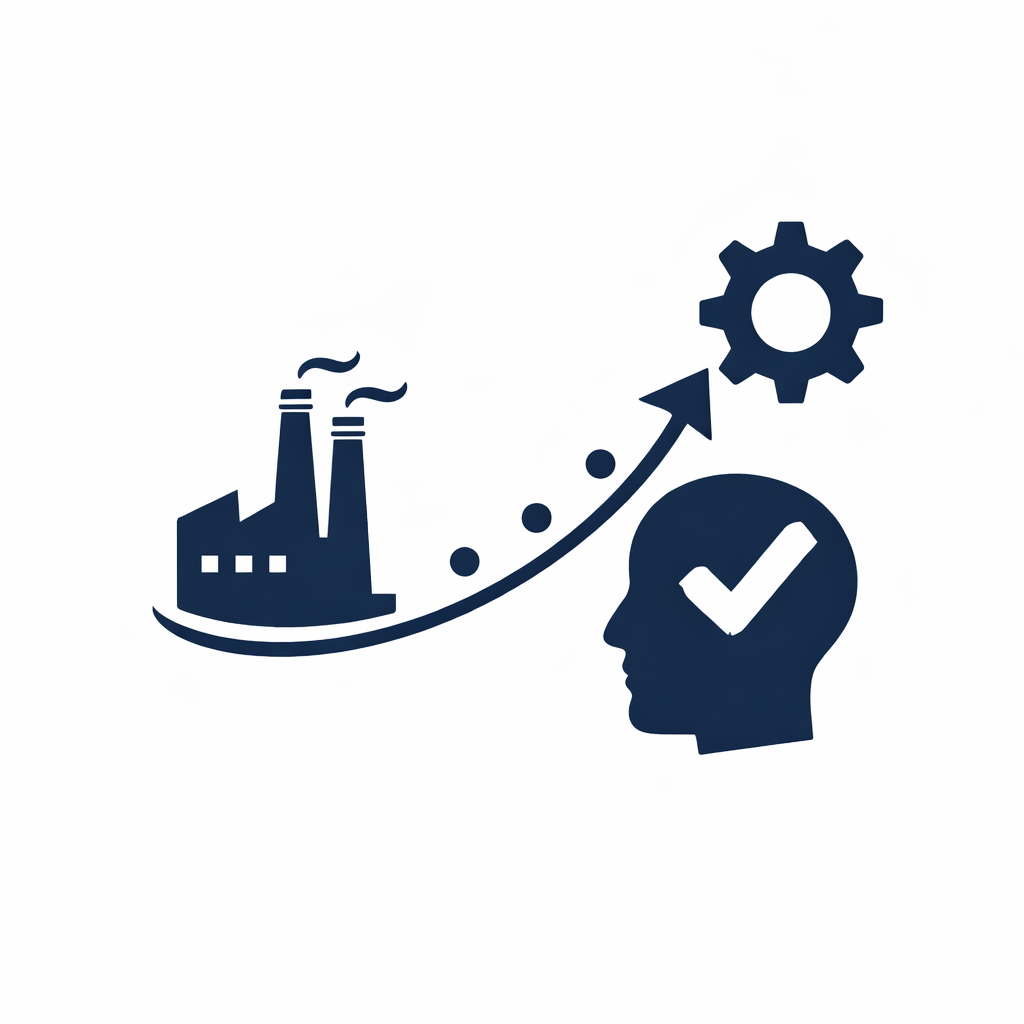 Industrial growth and automation symbol Icon of factory with arrow pointing to gear representing industrial growth and automation