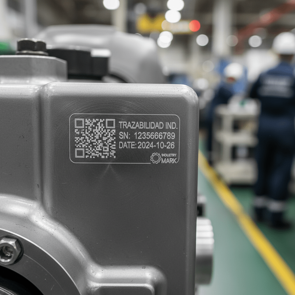Industrial machine with QR code label showing serial number and date